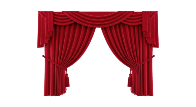 Elegant red stage curtains with drapes on transparent background