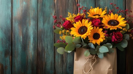 Charming floral gift bag arrangement, filled with vibrant sunflowers, roses, and eucalyptus, placed on a rustic wooden table.