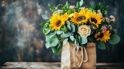 Charming floral gift bag arrangement, filled with vibrant sunflowers, roses, and eucalyptus, placed on a rustic wooden table.