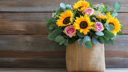 Charming floral gift bag arrangement, filled with vibrant sunflowers, roses, and eucalyptus, placed on a rustic wooden table.