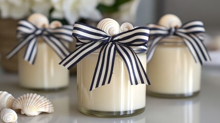 Charming nautical wedding favors, featuring custom jar candles wrapped in elegant striped ribbon with seashell embellishments.