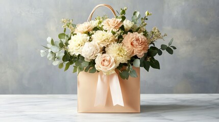 Chic flower-filled gift bag, featuring a mix of peach, ivory, and blush-toned blooms, styled elegantly on a marble surface.