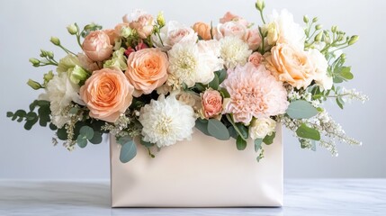 Chic flower-filled gift bag, featuring a mix of peach, ivory, and blush-toned blooms, styled elegantly on a marble surface.