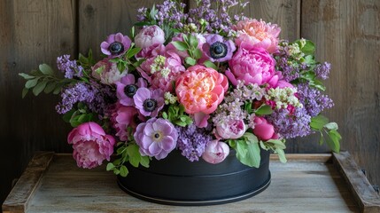 Chic hat box flower arrangement, featuring fresh peonies, anemones, and lilacs, set on a vintage wooden tray.