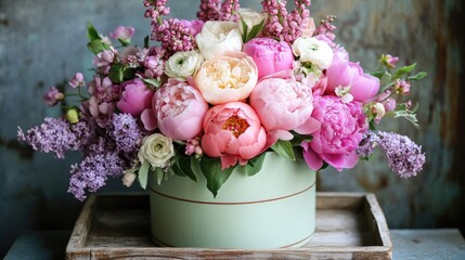 Chic hat box flower arrangement, featuring fresh peonies, anemones, and lilacs, set on a vintage wooden tray.