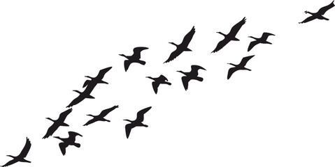 Flying bird flock silhouette in diagonal formation on white background. Perfect minimal wildlife design for migration, freedom, and sky themes. Ideal for logo, pattern, or nature projects.