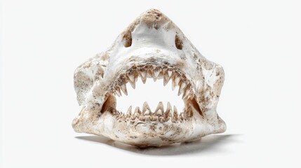 Obraz premium Close up view of a shark jawbone, off white in color, set against a bright white background. The detail of the teeth is visible.