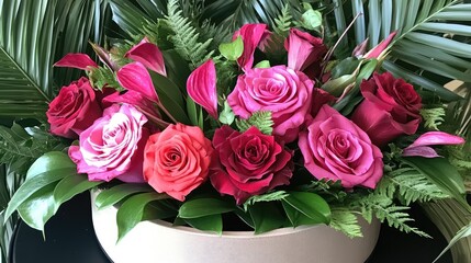 Close-up of a gorgeous flower arrangement in a hat box, with vibrant red and pink roses, beautifully arranged with lush greenery.