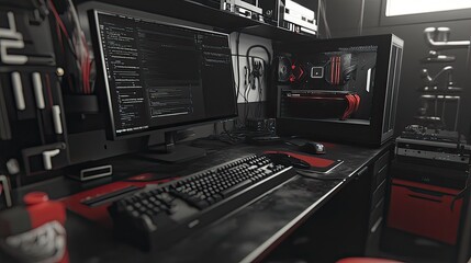 Close-up of a high-end workstation with a powerful computer, modern keyboard, and creative workspace elements.