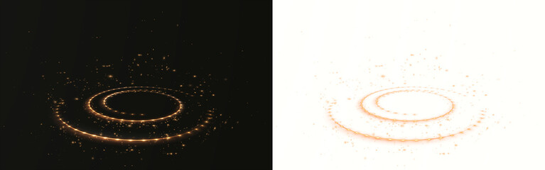 Obraz premium Abstract glowing circular light overlay with sparkling particles on dark and light backgrounds, creating a mystical atmosphere for creative design projects and digital art