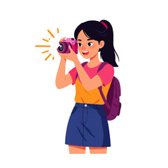 Obraz premium Young woman with backpack taking a photo with a pink camera, smiling and looking at the lens.