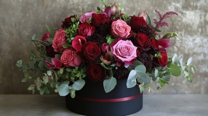 Close-up of a gorgeous flower arrangement in a hat box, with vibrant red and pink roses, beautifully arranged with lush greenery.