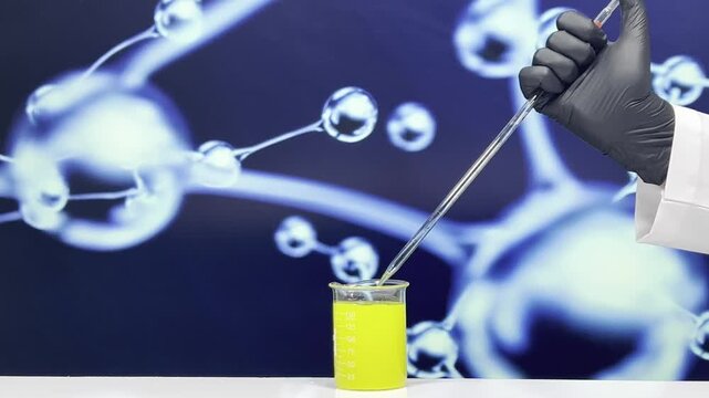 Emptying pipette with yellow liquid into beaker on molecular structure background laboratory scene