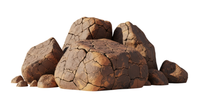Pile of realistic textured brown rocks on transparent background