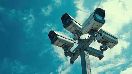 Close-up of a traffic surveillance camera mounted on a pole, capturing city movement under a vivid blue sky.
