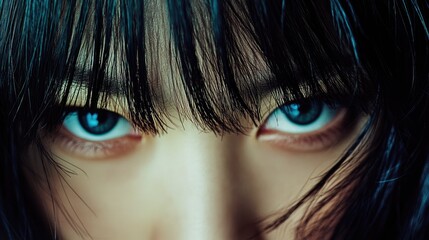 Close-up of an Asian woman's eyes framed by straight black bangs, creating an artistic and mysterious look.