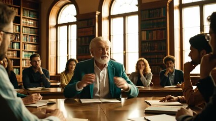 Academic Lecture: A seasoned professor, stands before a group of attentive scholars in a vintage library setting, deeply engaged in a moment of academic discourse.