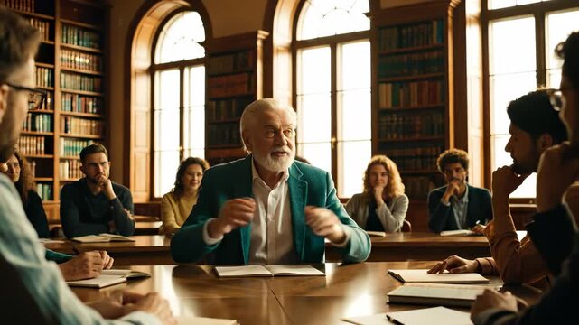 Academic Lecture: A seasoned professor, stands before a group of attentive scholars in a vintage library setting, deeply engaged in a moment of academic discourse.