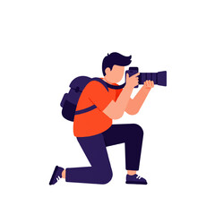 A faceless man kneels, holding a professional camera with a large lens, wearing a backpack, ready to take a photograph.