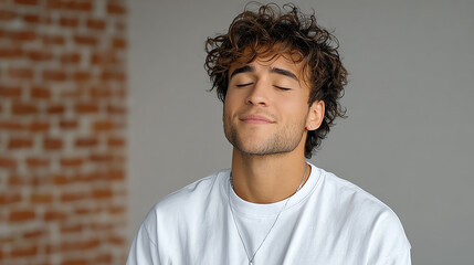 Obraz premium A young man expresses serenity and contentment, with eyes closed. The relaxed atmosphere captures a moment of peace and introspection.