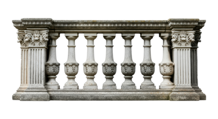 Classic stone balustrade with ornate detailing and pillars on transparent background
