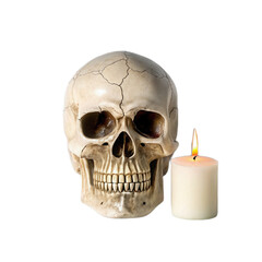 Obraz premium Detailed skull with cracks sits beside lit candle, creating striking contrast against transparent background