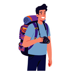 A smiling young man with a large backpack and camera, ready for an outdoor adventure, illustration.