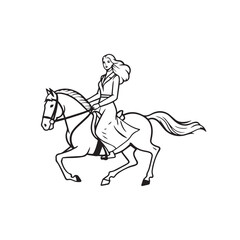 Black and white line art of a beautiful woman with perfect body riding horse elegant minimalist illustration