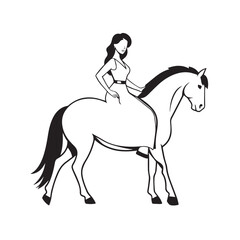 Black and white line art of a beautiful woman with perfect body riding horse elegant minimalist illustration