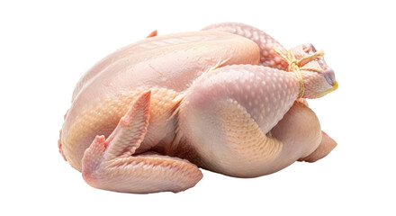 Whole raw chicken with trimmed wings and tied legs on transparent background