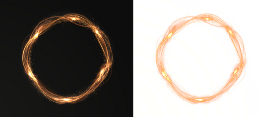 Circular glowing light trail overlay in a vibrant golden hue, set against contrasting black and white backgrounds, ideal for creative design and visual enhancement