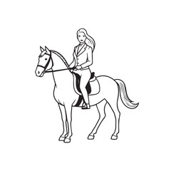 Black and white line art of a beautiful woman with perfect body riding horse elegant minimalist illustration