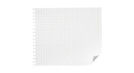 Spiral-bound graph paper with curled corner on transparent background