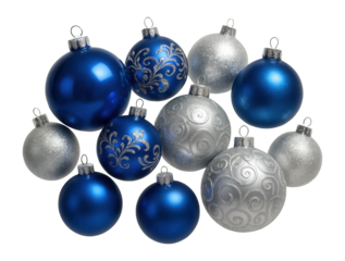 Blue and silver Christmas balls on white background.