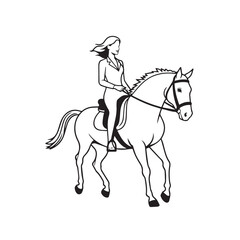 Black and white line art of a beautiful woman with perfect body riding horse elegant minimalist illustration