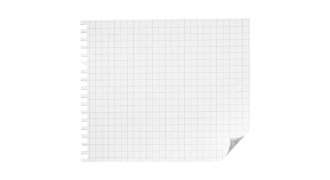 Spiral-bound graph paper with curled corner on transparent background