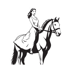 Black and white line art of a beautiful woman with perfect body riding horse elegant minimalist illustration