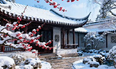 Obraz premium Snow-covered traditional Chinese garden with blooming plum blossoms and classical architecture