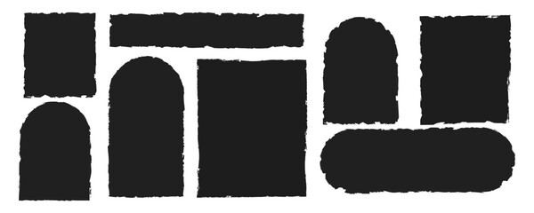 Vector set of ripped paper pieces. Black jagged rectangle frames, scrap silhouettes, grunge texture shapes for collage, sticker, banner, label. Isolated on white background