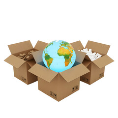Three cardboard boxes with different materials inside. A globe is placed in the center, symbolizing global awareness and recycling.