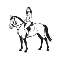 Black and white line art of a beautiful woman with perfect body riding horse elegant minimalist illustration