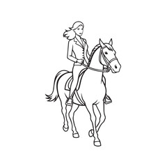 Black and white line art of a beautiful woman with perfect body riding horse elegant minimalist illustration