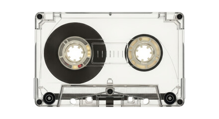 Retro transparent cassette tape with visible reels and clear background