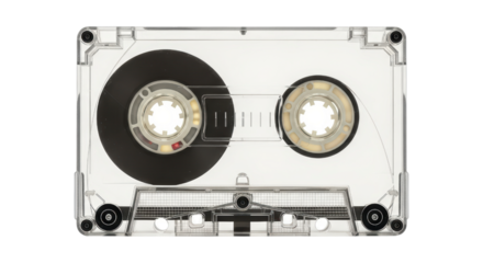 Retro transparent cassette tape with visible reels and clear background