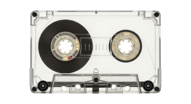 Retro transparent cassette tape with visible reels and clear background