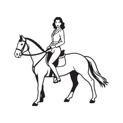 Black and white line art of a beautiful woman with perfect body riding horse elegant minimalist illustration