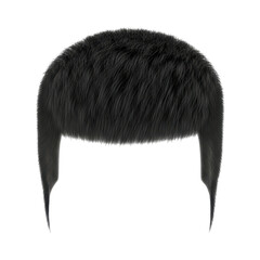 Realistic black fur hat with short ear flaps on transparent background