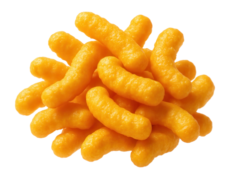 Cheesy puffed corn snacks on a white background.