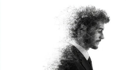 Side profile of a man in a suit with a digital, particle-like effect dispersing from his form against a white background