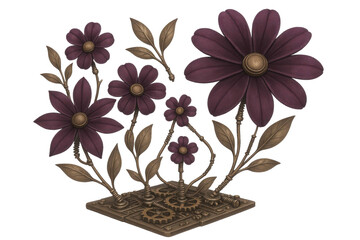 Dark purple flowers with metallic stems isolated on transparent background